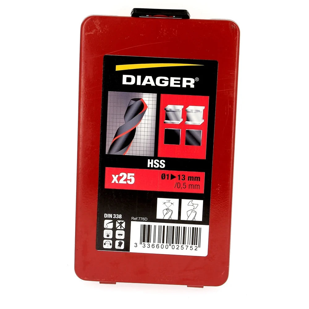 Coffret 25 forets métaux - DIAGER - HSS standard angle 118° Diam.1 à 13 mm par 0,5 mm