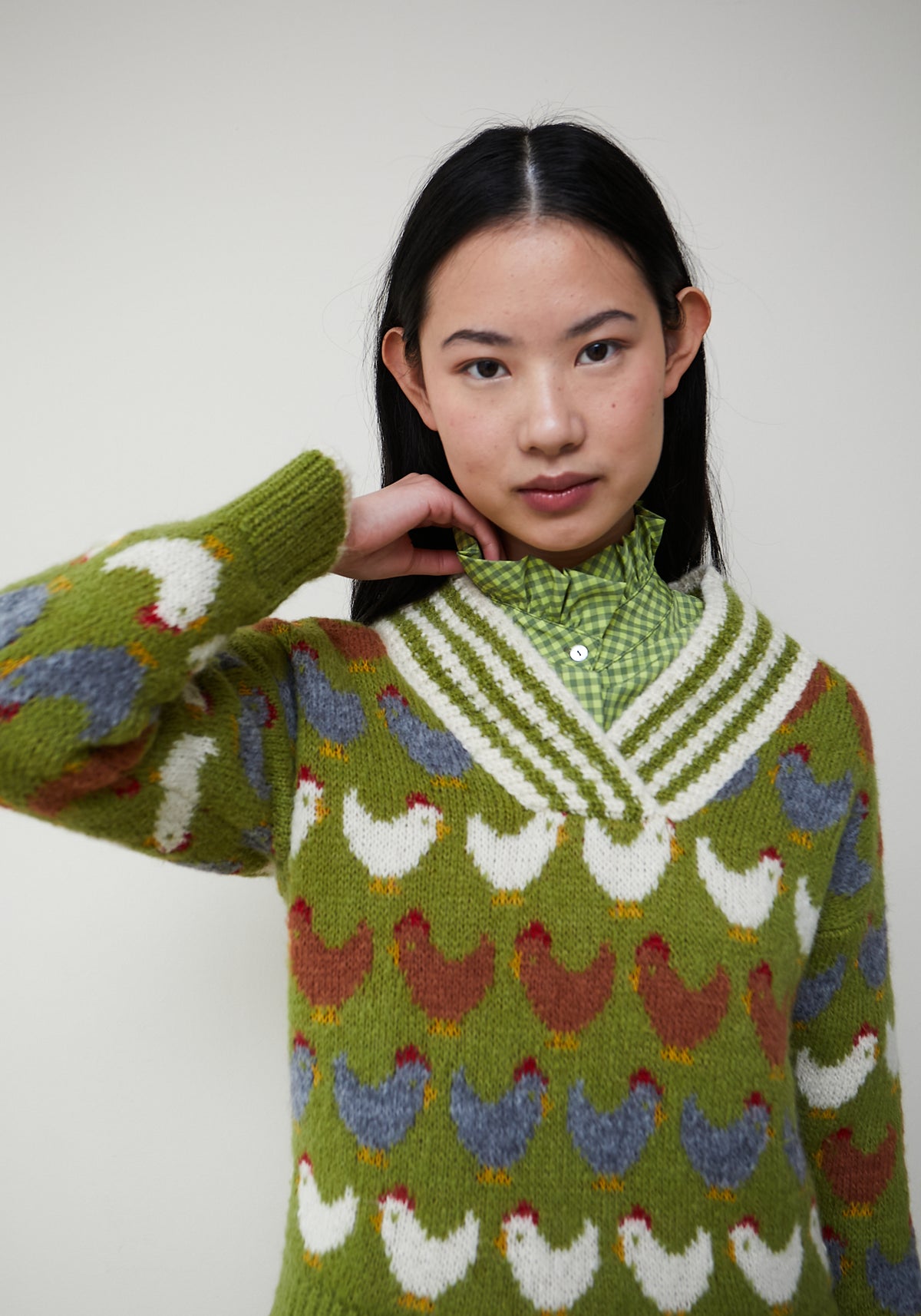 Grüner Pullover Hühnermotiv