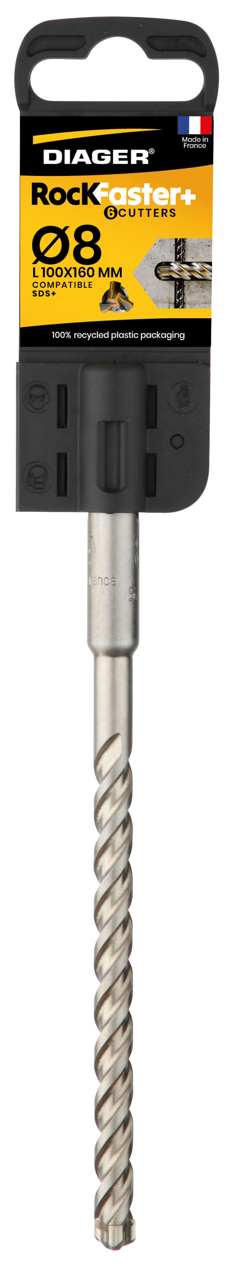 Foret béton - DIAGER  - RocKFaster 6 taillants Tête Carbure Monobloc compatible SDS+  Diam.8x260mm
