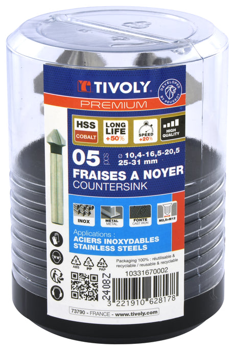 Tivoly   Coffret 5 fraises à noyer HSSE5% cobalt DIN335C à 90° Ø 10,4 à 31 mm PREMIUM