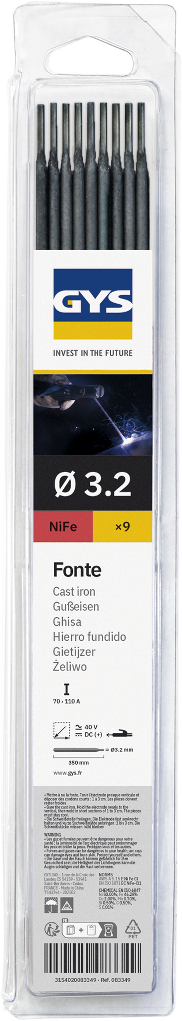 Lot de 9 éléctrodes en fonte GYS 83349 - Ø3,2mm - Blister