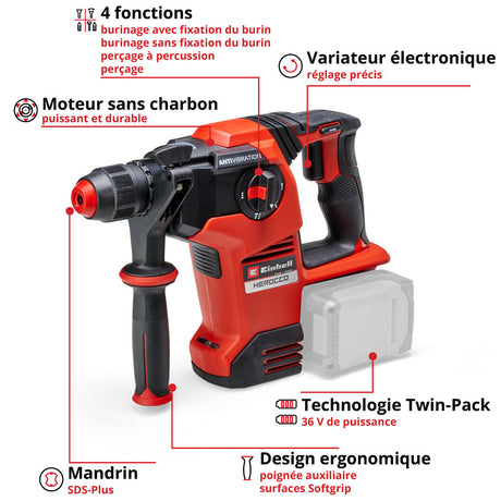 Marteau Perforateur sans fil SDS-plus  36V 3.2J EINHELL HEROCCO 36/28 Li-Solo Power X-Change (vendu sans batterie)